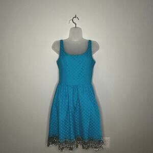 Lilly Pulitzer Size 6 Java Dress Turquoise Dot Lace with Gold Sequin Detail Hem